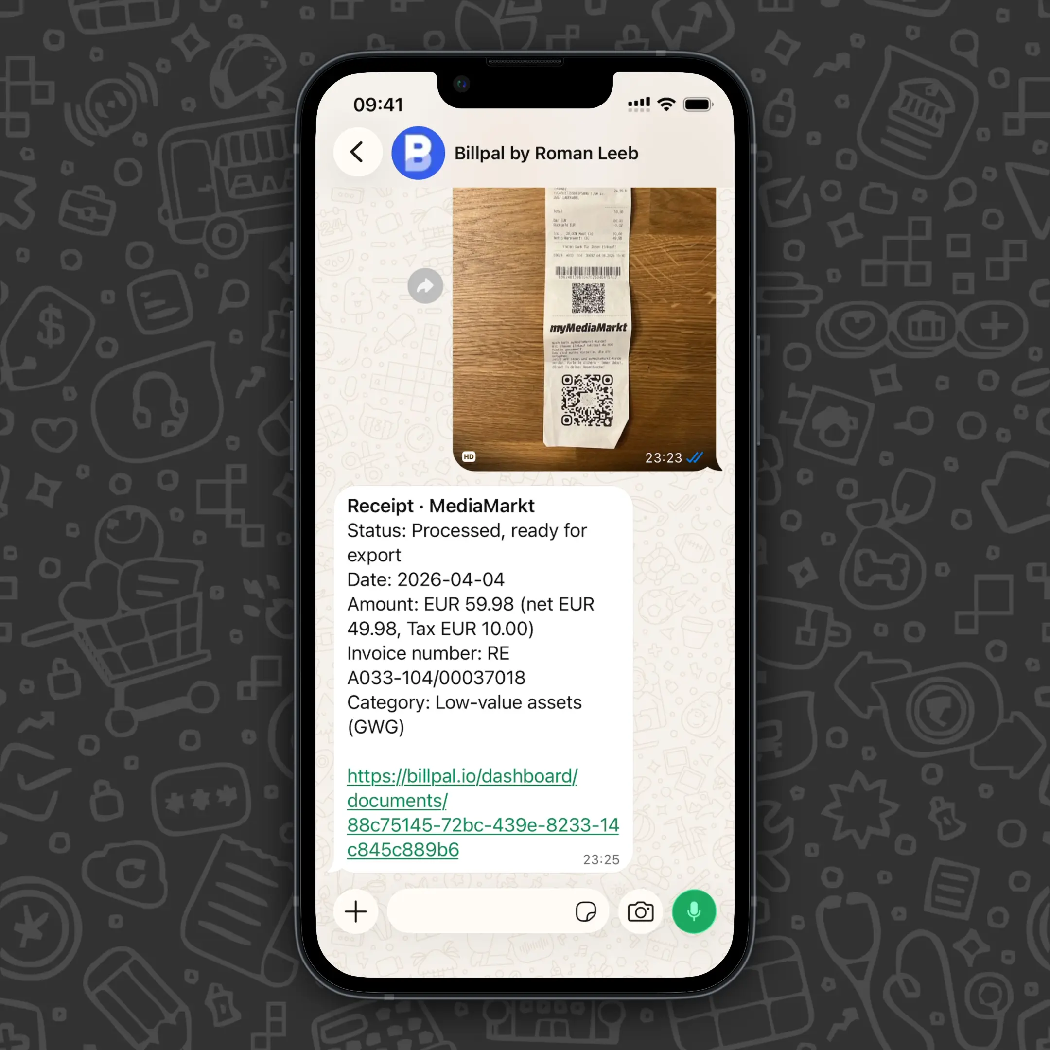 Sending a receipt photo to Billpal in WhatsApp