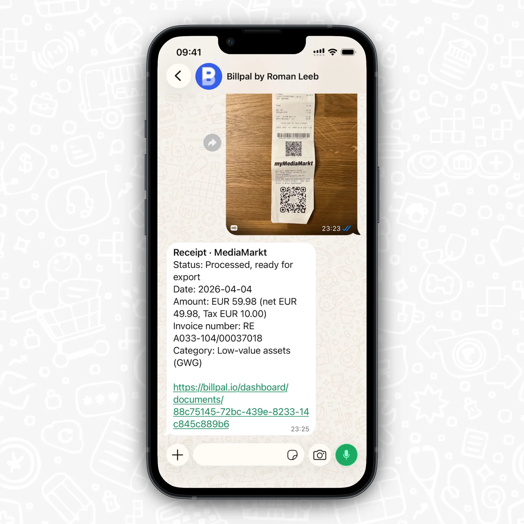Sending a receipt photo to Billpal in WhatsApp